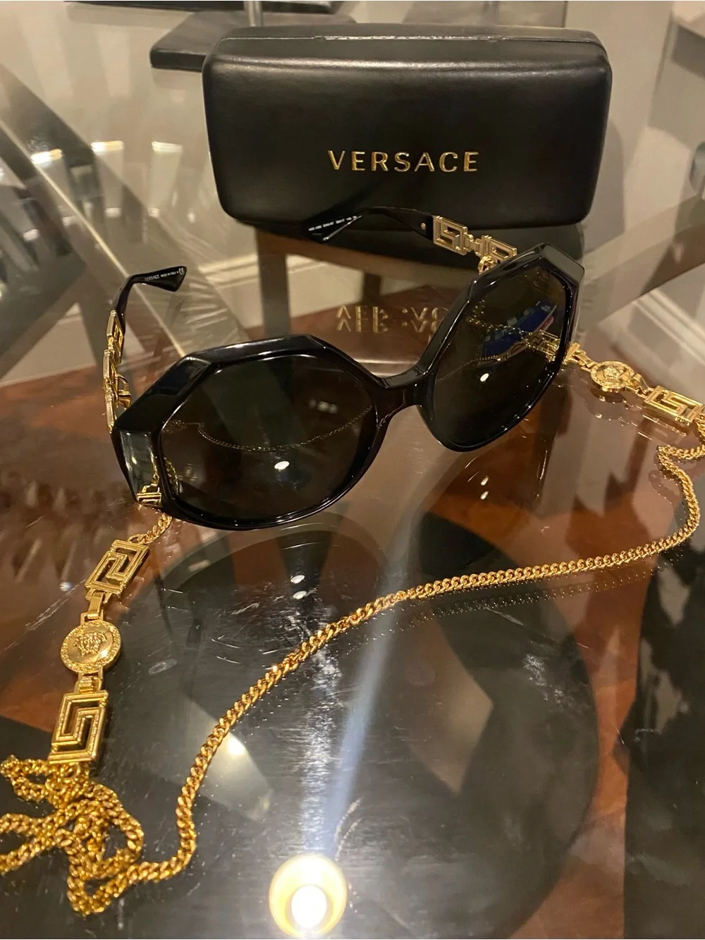 Versace Black Octagonal Sunglasses with Gold Chain Strap